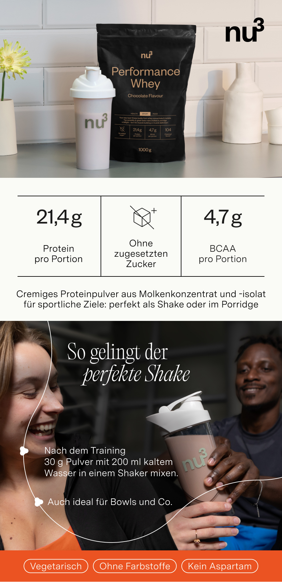 nu3 Performance Whey Schokolade: 21,4g Protein, ohne Zuckerzusatz, 4,7g BCAA pro Portion.